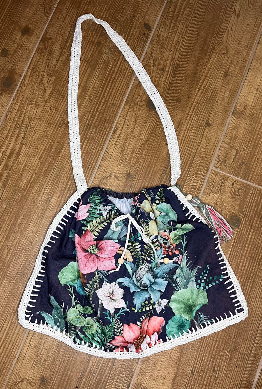 Shoulder Hand Bag With Crochet Edging & Strap, Drawstring Handbag, Tote Bag