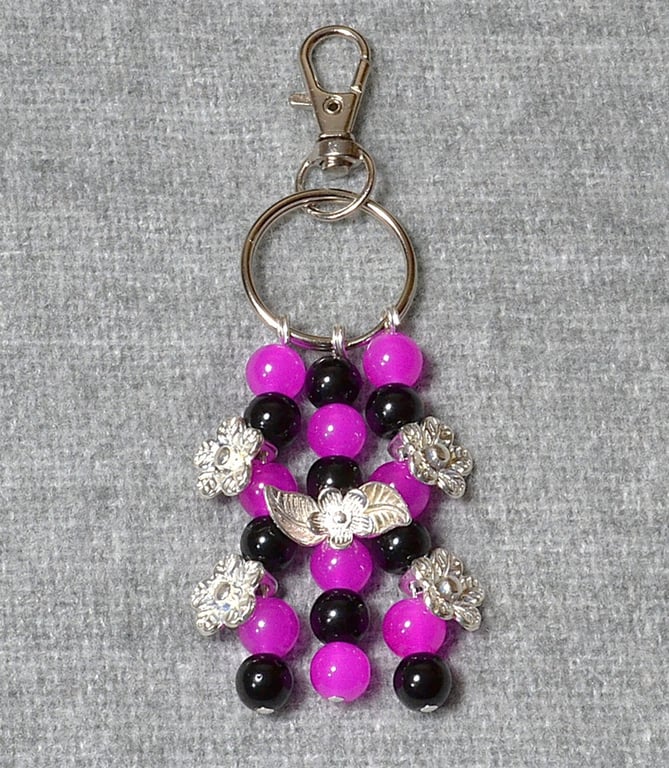 Bag Charm – Pink and Black Glass Bead and Silver Flowers Triple Dangle