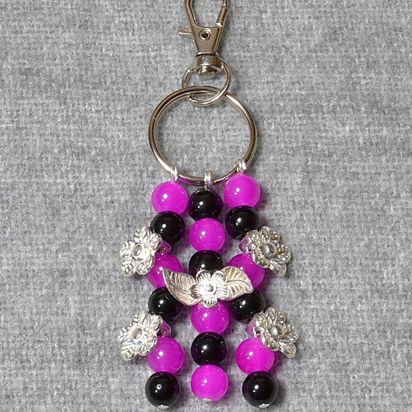 Bag Charm – Pink and Black Glass Bead and Silver Flowers Triple Dangle