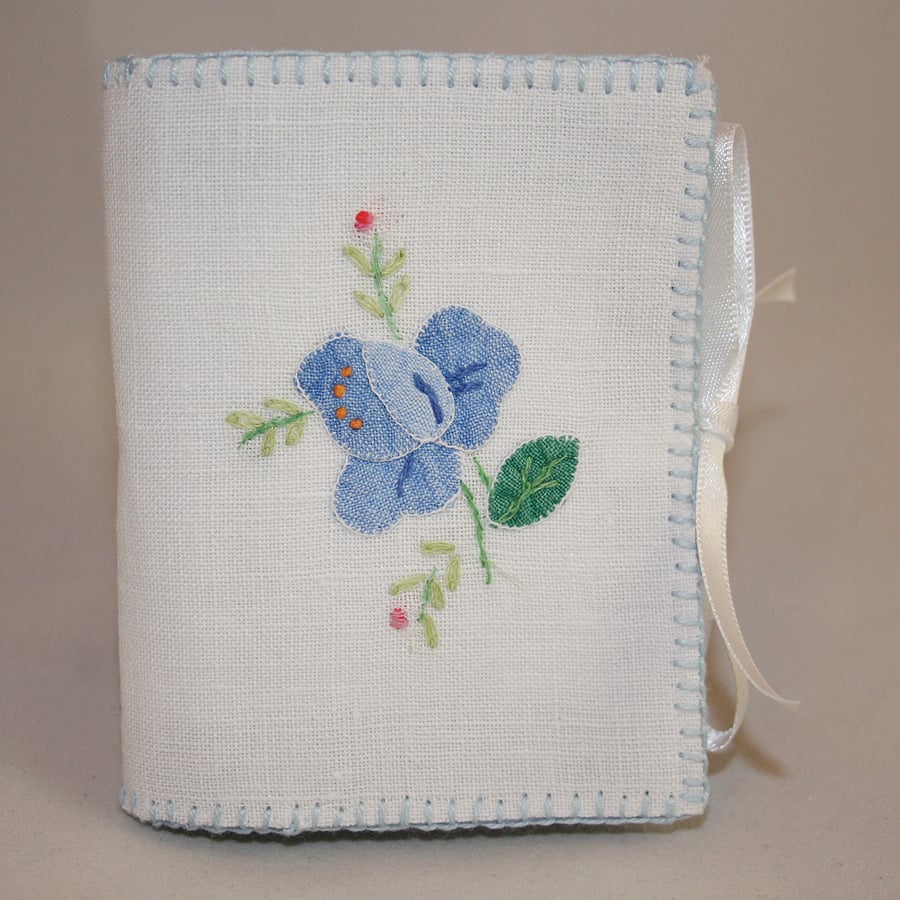 Embroidered Needlecase - featuring a blue rose applique from vintage linen