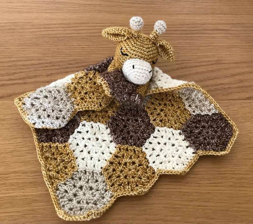 Crochet Jasper the giraffe baby comforter. Handmade baby snuggle lovey.