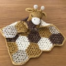 Crochet Jasper the giraffe baby comforter. Handmade baby snuggle lovey.