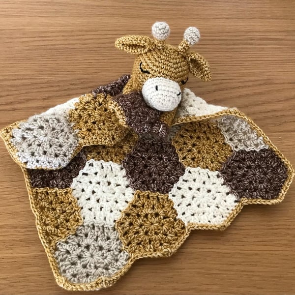 Crochet Jasper the giraffe baby comforter. Handmade baby snuggle lovey.