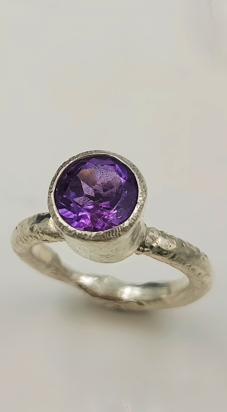 Forged Silver Ring with Faceted Purple Amethyst