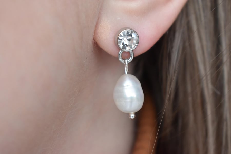 Handmade Freshwater Pearl Drop Earrings with Crystal Stud