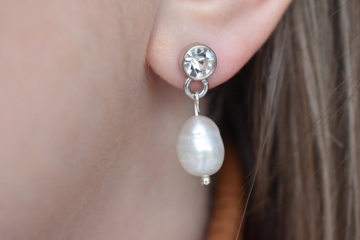Handmade Freshwater Pearl Drop Earrings with Crystal Stud