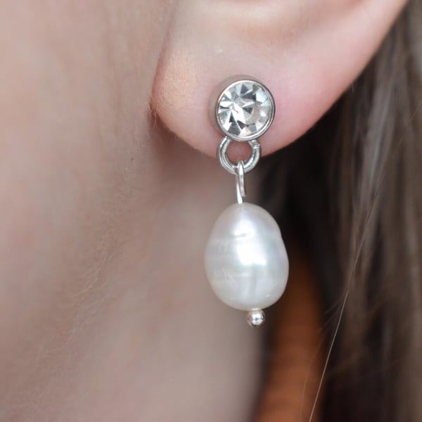 Handmade Freshwater Pearl Drop Earrings with Crystal Stud