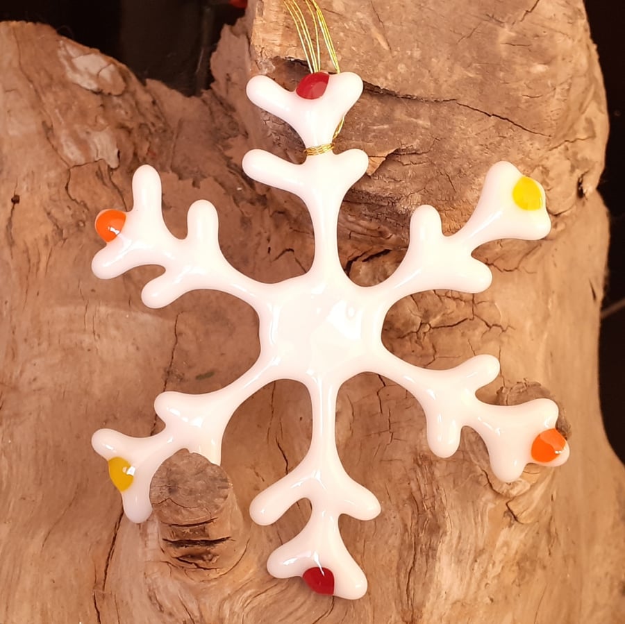 Fused glass Christmas snowflake hanging decoration, 10.5cm