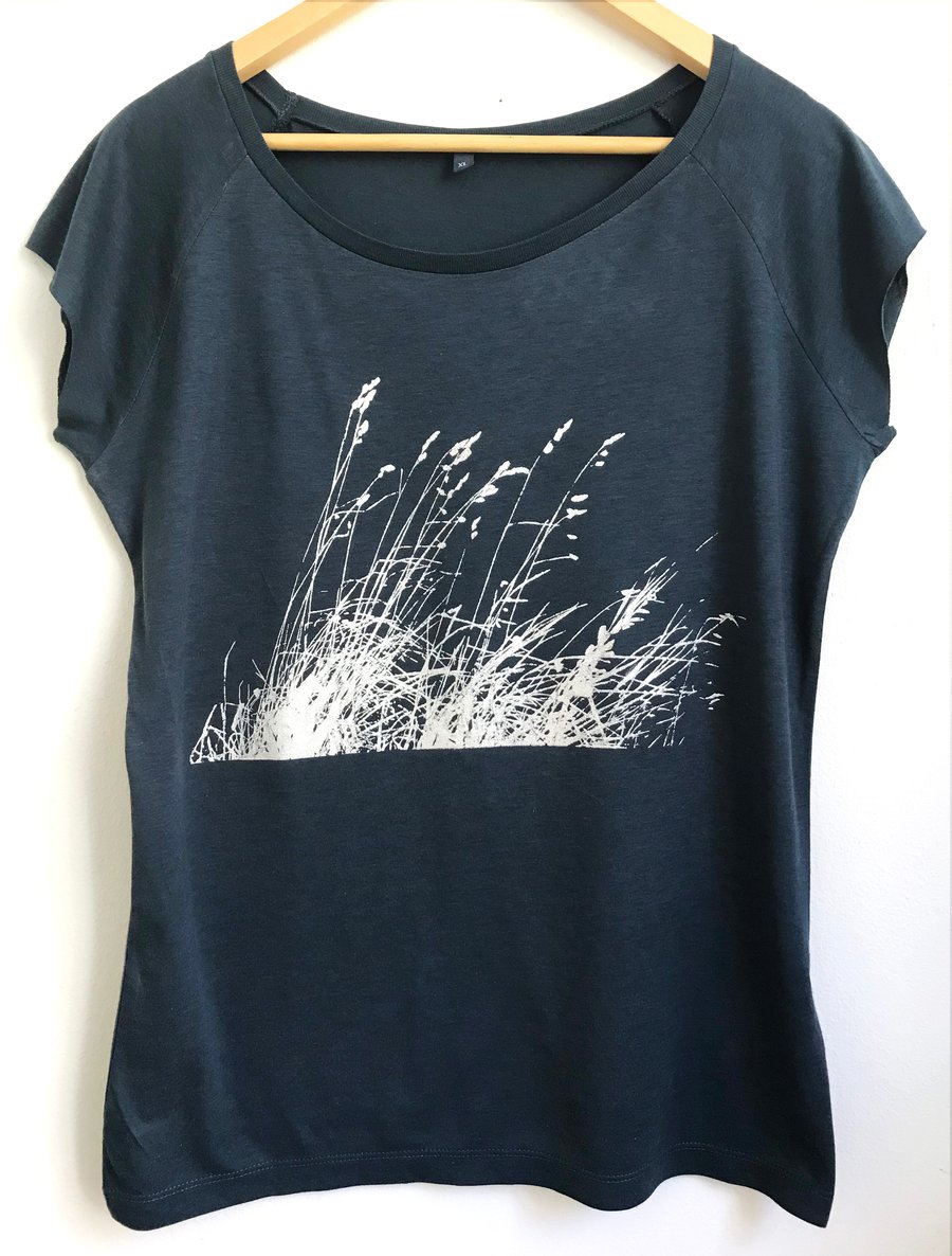 Wild grasses womens blue bamboo organic cotton ethical T shirt slim fit tee