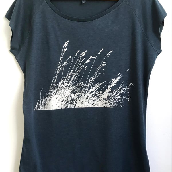 Wild grasses womens blue bamboo organic cotton ethical T shirt slim fit tee