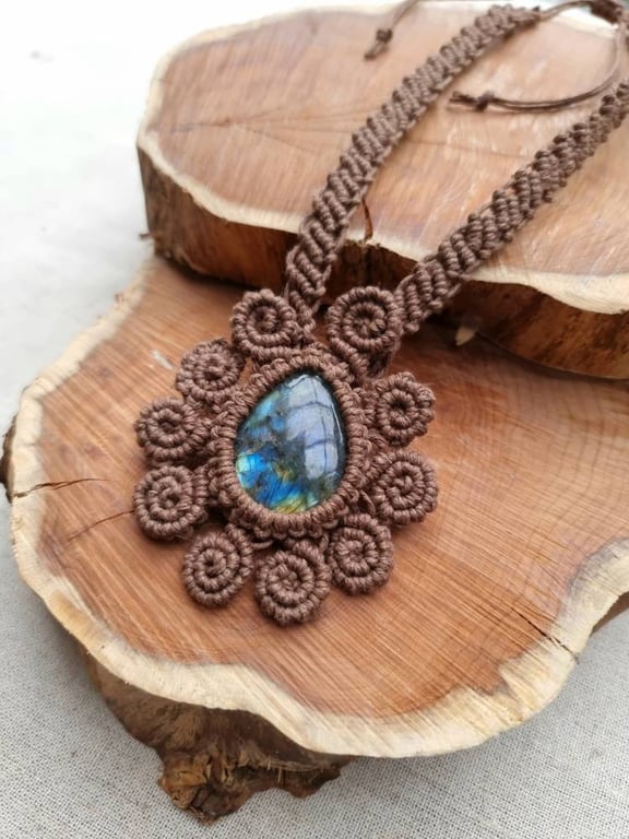 Intricate Labradorite Macrame Flower Pendant - Statement Necklace 