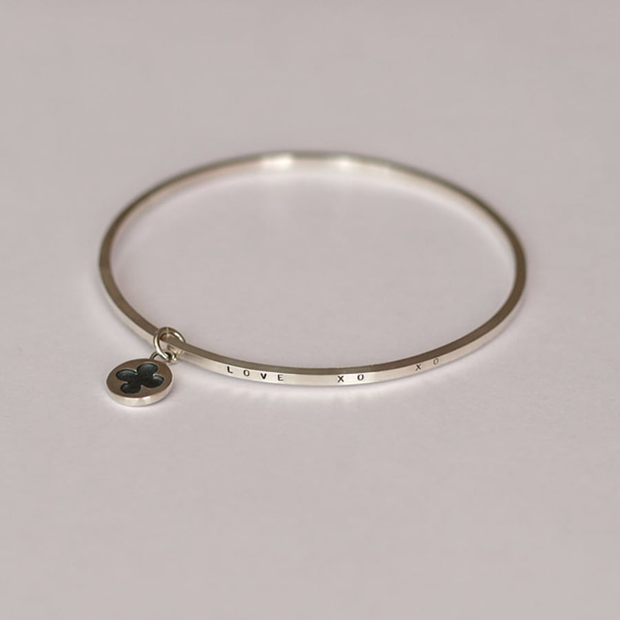 Silver Message Bangle with Disc with Oxidized Flower Centre