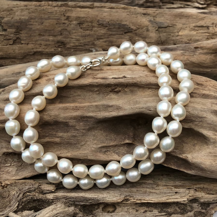 7-8mm white oval freshwater pearls with sterling silver fastener -00001047