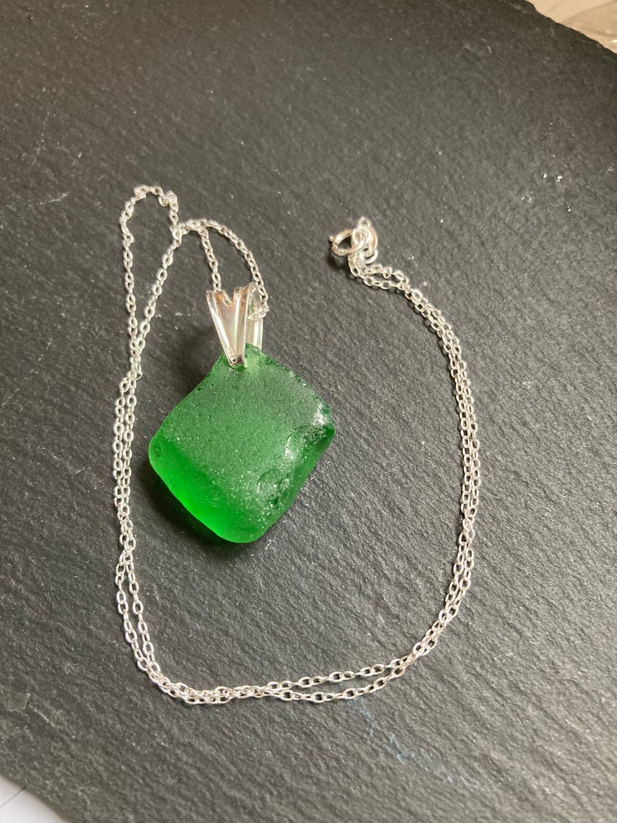 Silver 18in necklace with green, diamond shaped  seaglass drop