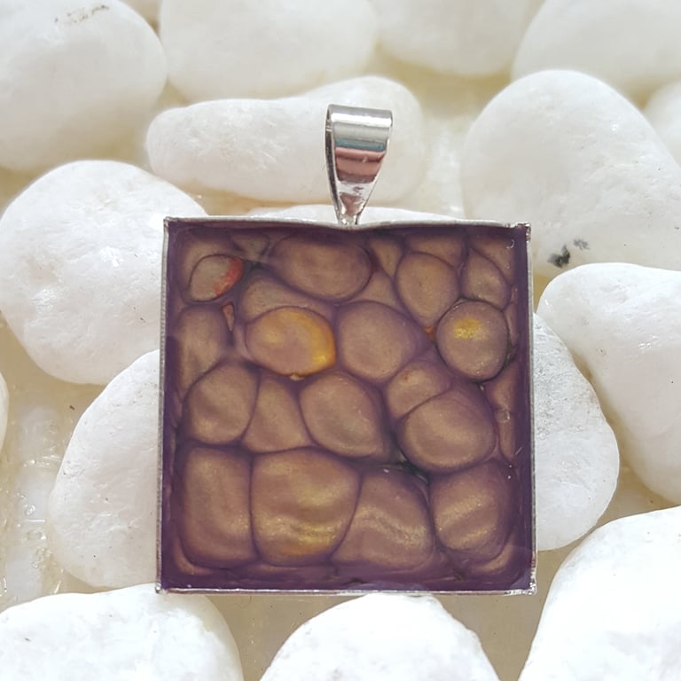 Hand Painted Purple Resin Pendant Necklace - Purple and Gold Square Design