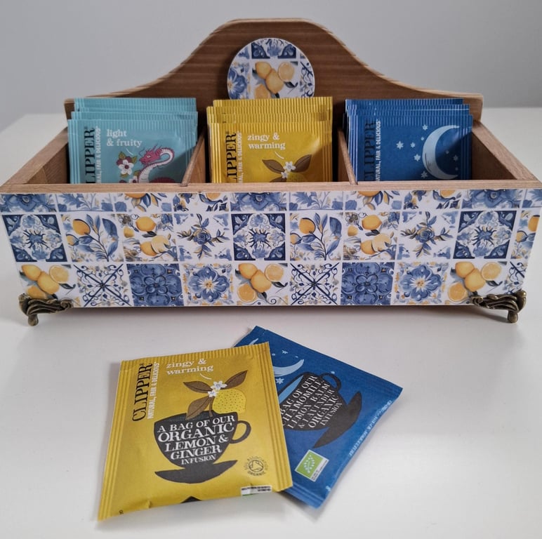 Wooden Tea Box with Compartments, Decoupaged & Hand Painted Tea Storage