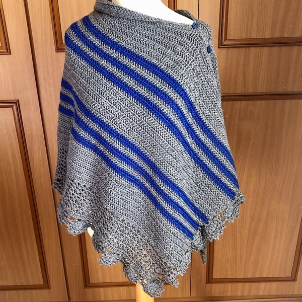 Unisex. Rectangular shape blue and silver grey crochet poncho. U.K size small. 