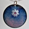 Enamelled copper flower pendant in pink and blue 077