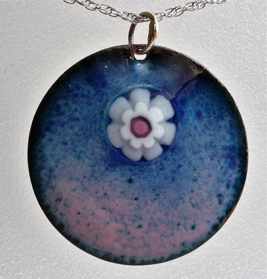 Enamelled copper flower pendant in pink and blue 077