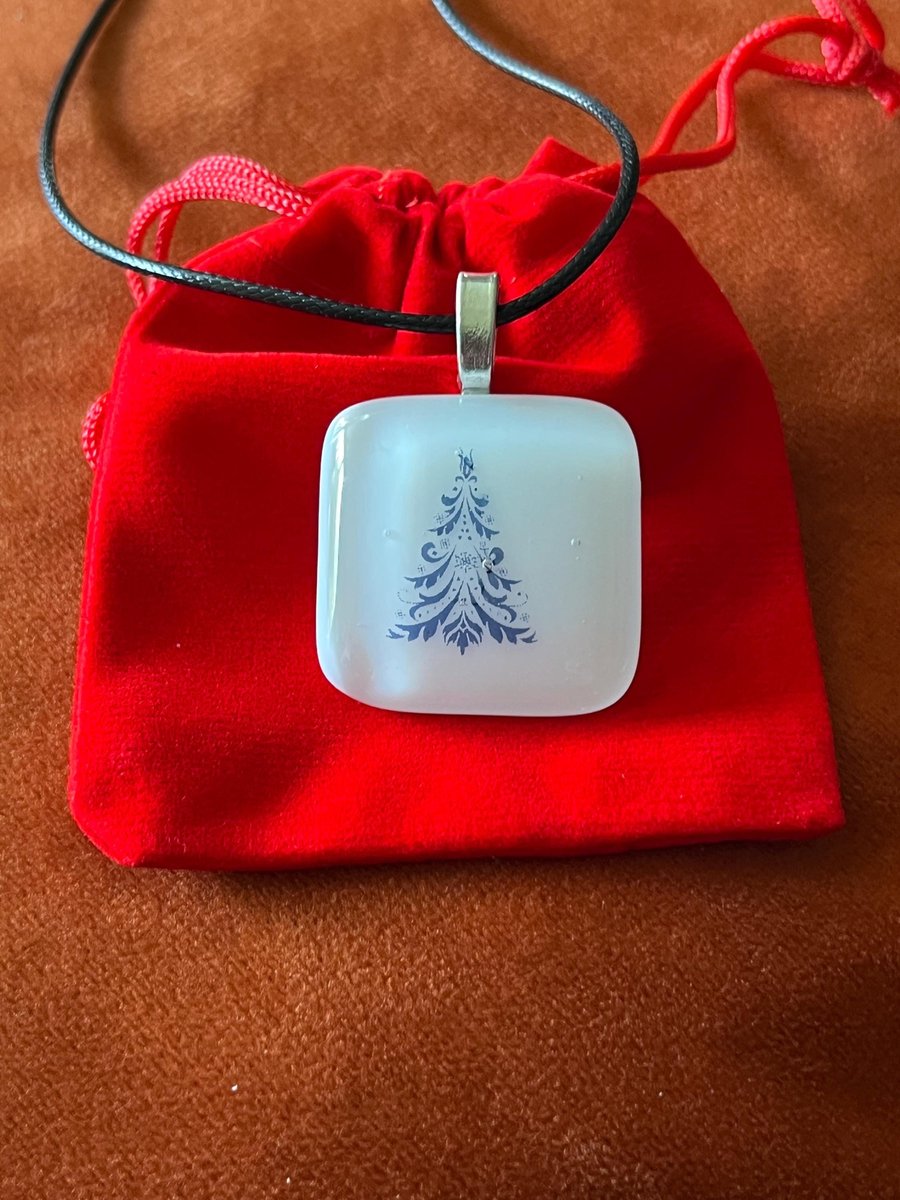 Image of Unique Handcrafted Artisan Christmas Tree Pendant on Adjustable Black Necklace 