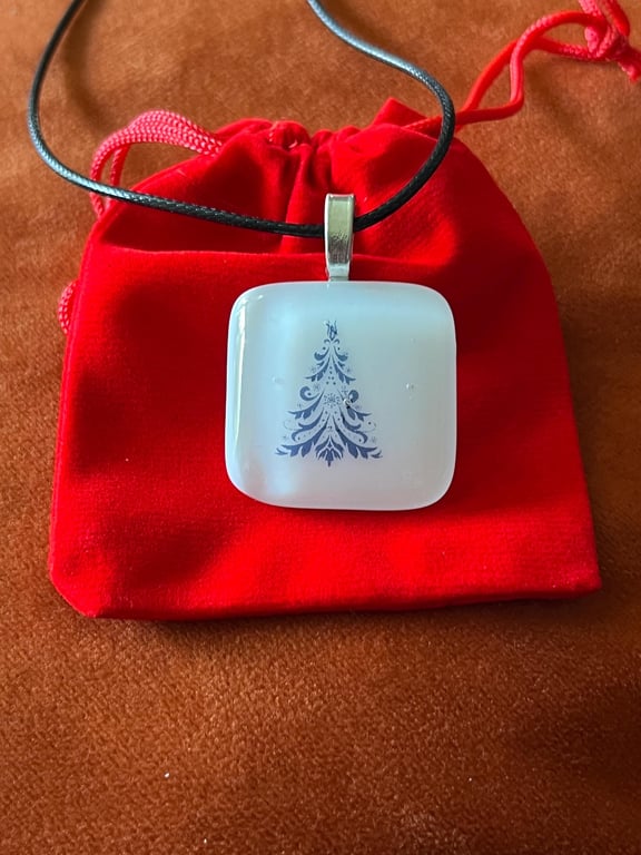 Unique Handcrafted Artisan Christmas Tree Pendant on Adjustable Black Necklace 