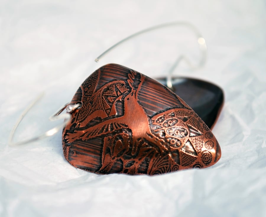 Crow Triangle Shape Copper and Silver Earrings