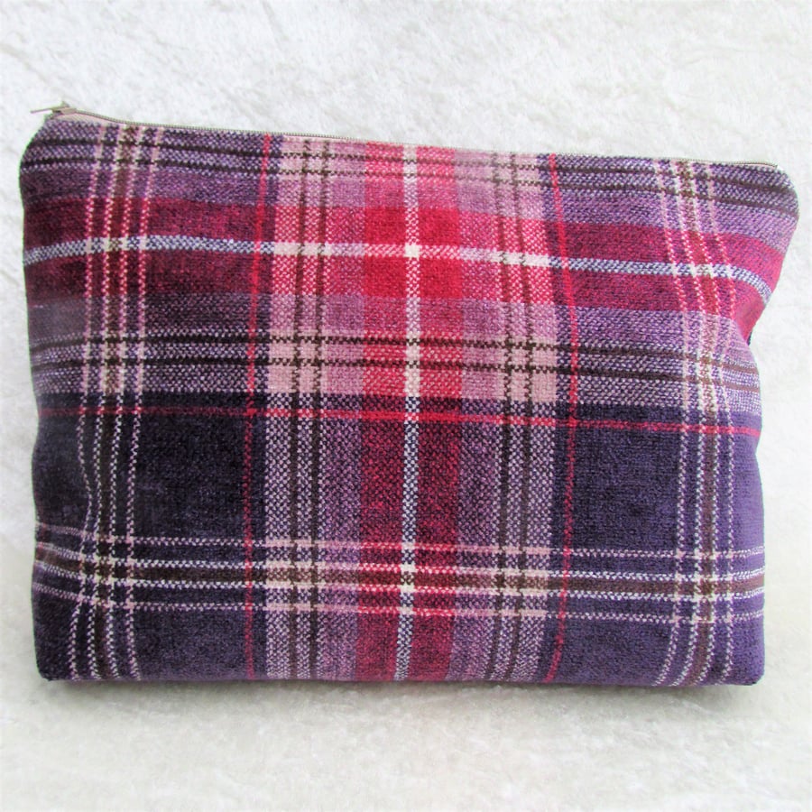 Pink and purple tartan tweed toiletry bag