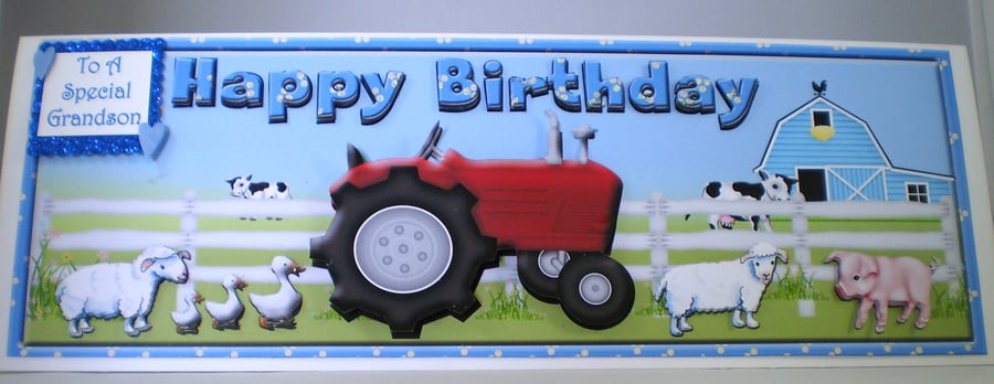 Handmade 3D red or green tractor and farm animals  Birthday Card,Grandson, 