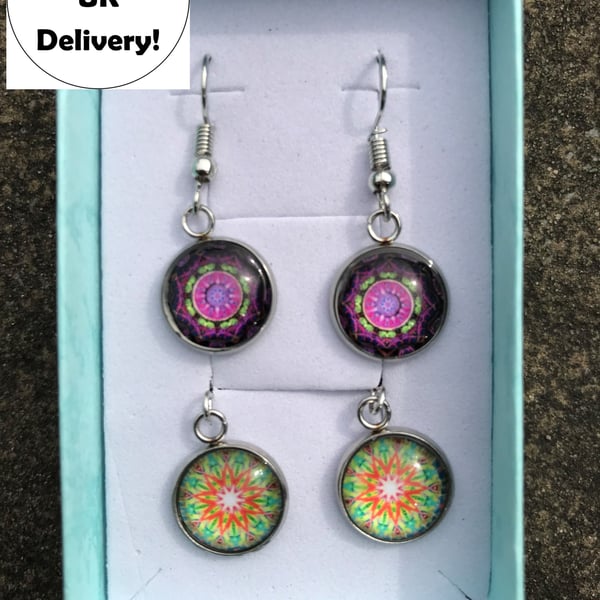 Glass Mosaic Effect Drop Earrings - 2 pairs - Pink & Orange