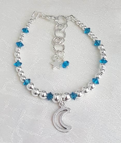 Gorgeous Silver bead and Dark Aqua Crystal bracelet with Crescent Moon 
