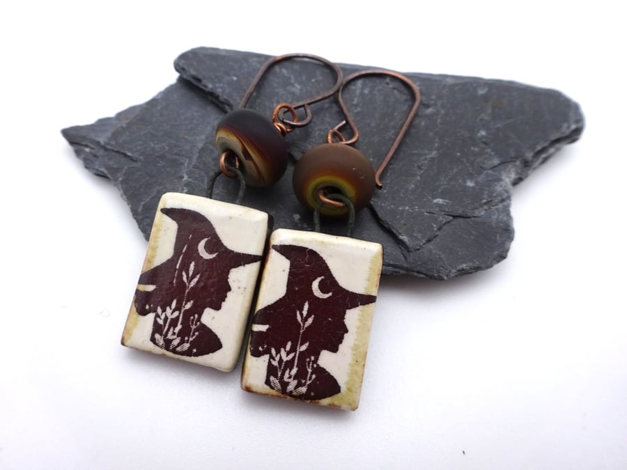 brown lampwork glass earrings, copper and ceramic witch