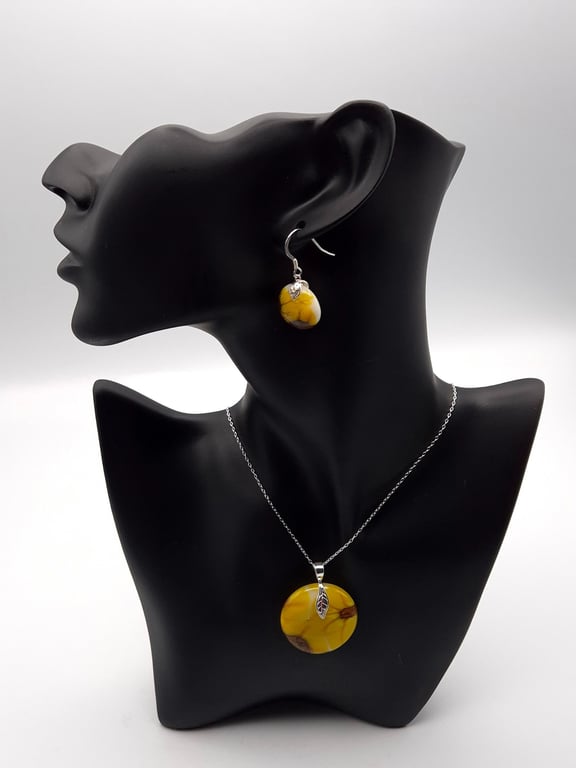 Sunflowers (2) Fused Glass Hook Earrings and Pendant Set