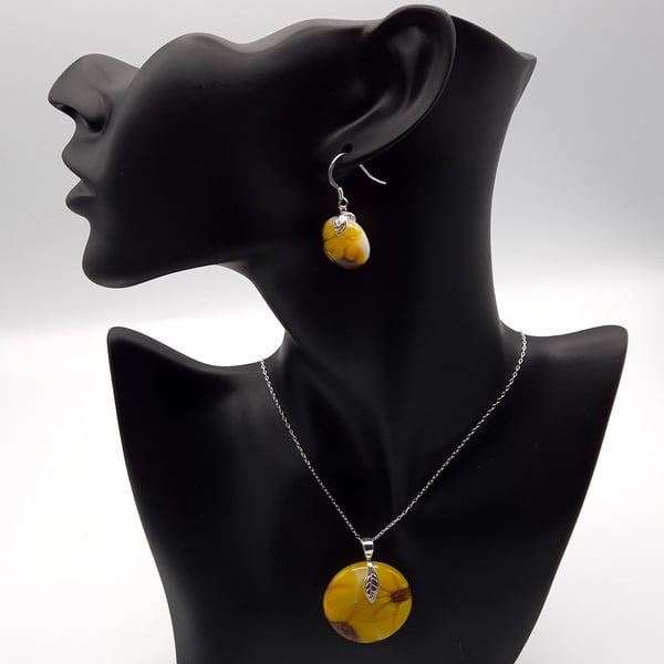 Sunflowers (2) Fused Glass Hook Earrings and Pendant Set