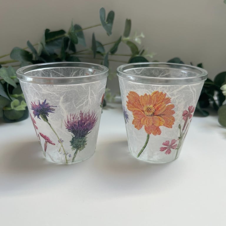 Decoupage Glass Tea Light Holders: Multi Flowers, Upcycled
