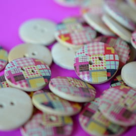 Wooden Multicoloured Retro Check Patchwork Buttons 20mm (MN2)