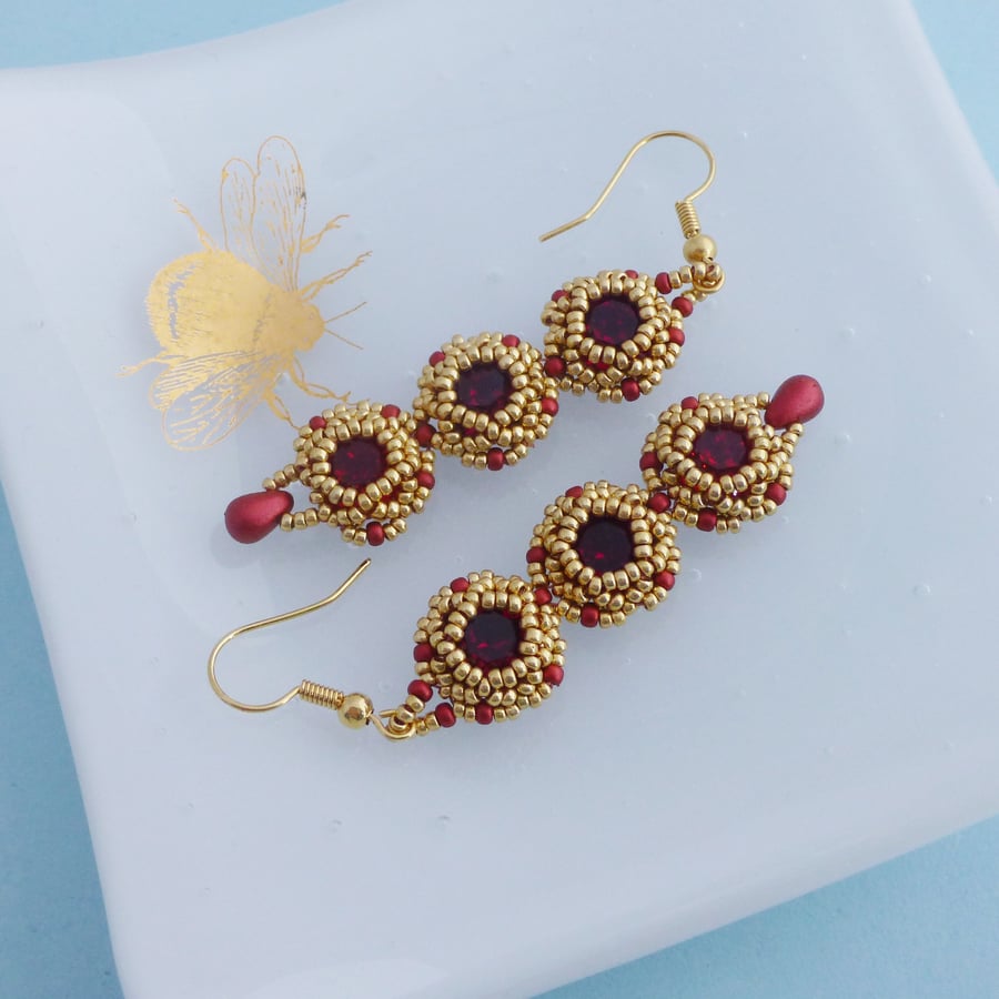 Long Red and Gold Crystal Drop Earrings