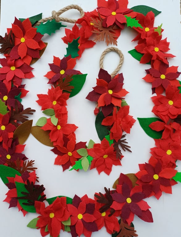 Felt Poinsettia Rustic Traditional Style Christmas Garland.  Seasonal Home Decor