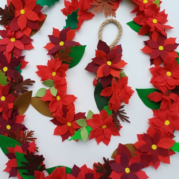 Felt Poinsettia Rustic Traditional Style Christmas Garland.  Seasonal Home Decor