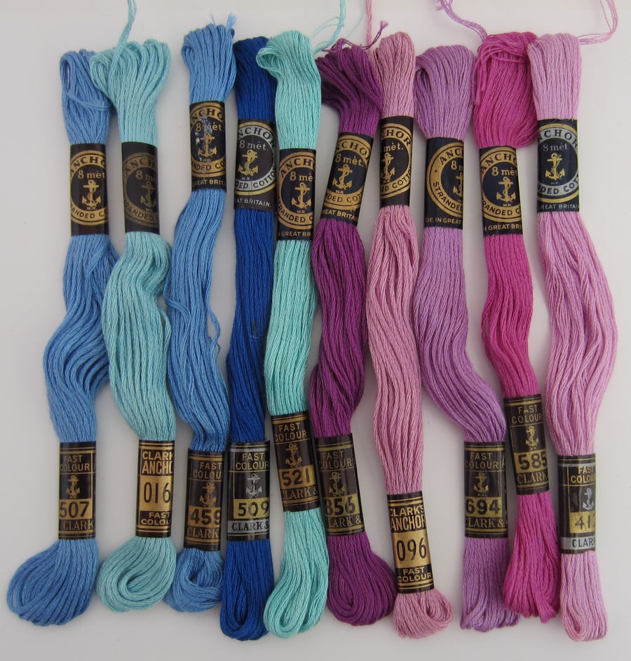 10 Skeins of Anchor Embroidery Threads - Blues and Mauves