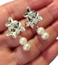 Cream Freshwater Pearl Healing Stud Earrings on Silver Plated Flowers Setting - Image 2
