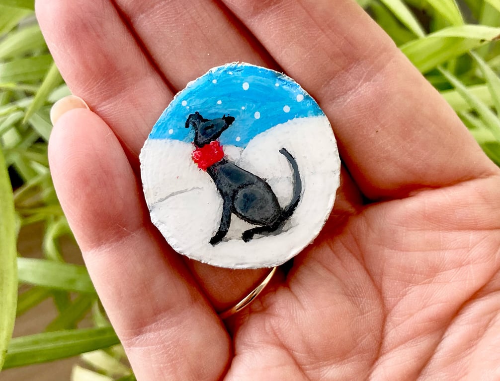 Greyhound In The Snow Painted Wood Slice Brooch Pin