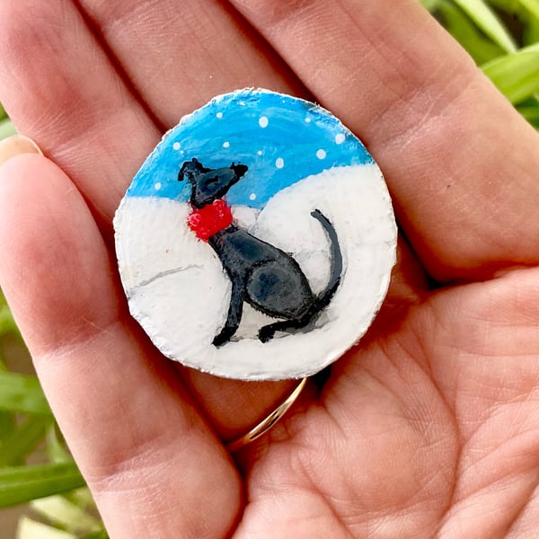 Greyhound In The Snow Painted Wood Slice Brooch Pin