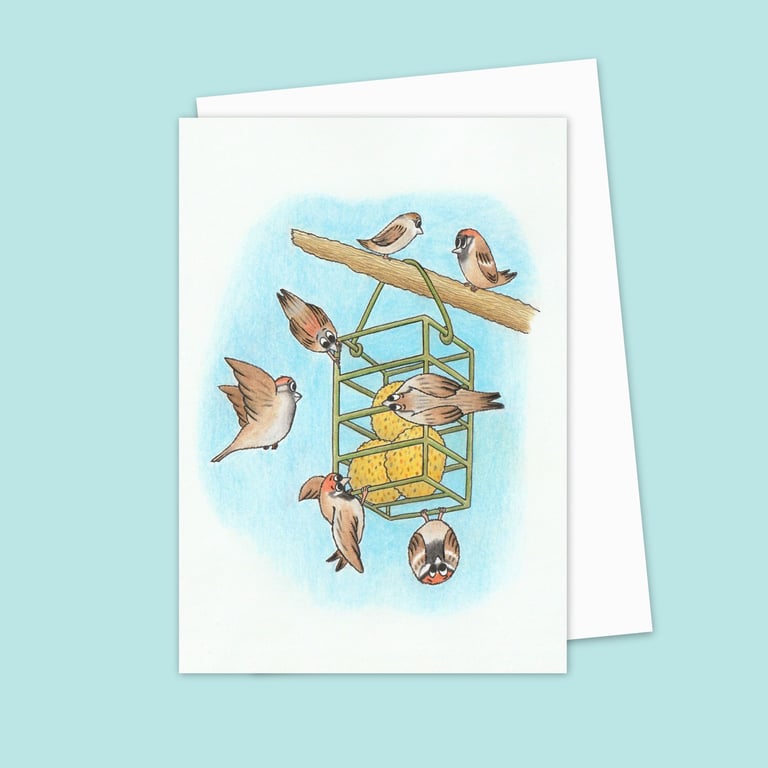 Garden Sparrows Greeting Card: Original Pencil Illustration (208)