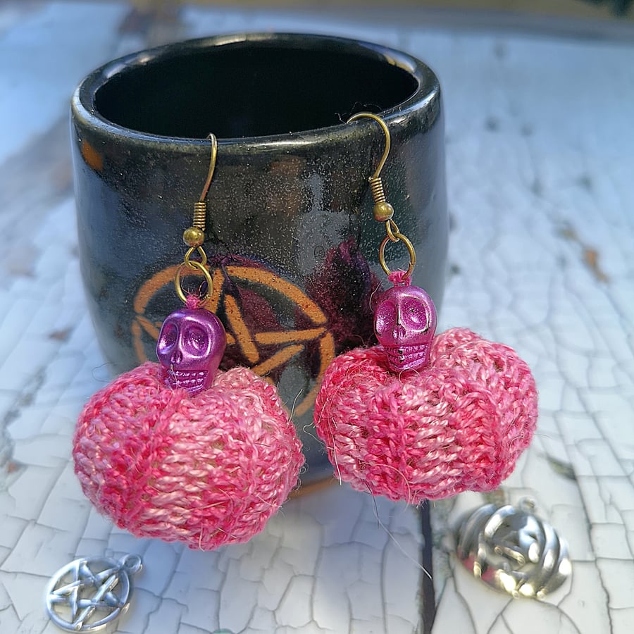 Pink Skull Pumpkin Earrings for Halloween.  Handmade crochet miniature pumpkins.