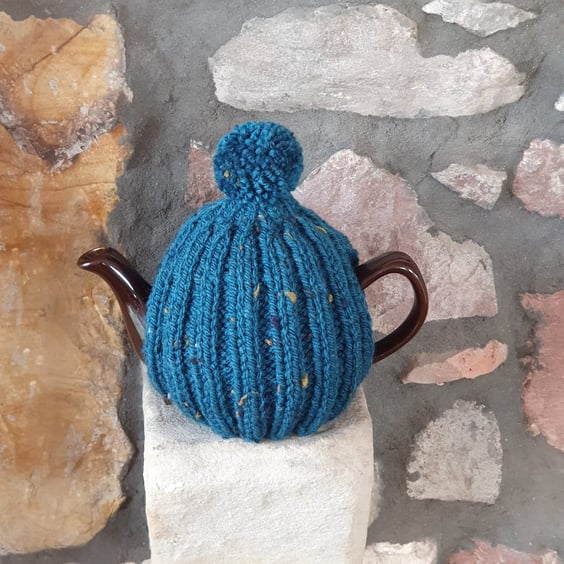 Small Tea Cosy for 2 Cup Tea Pot, Green Teal Tweed, Hand Knitted