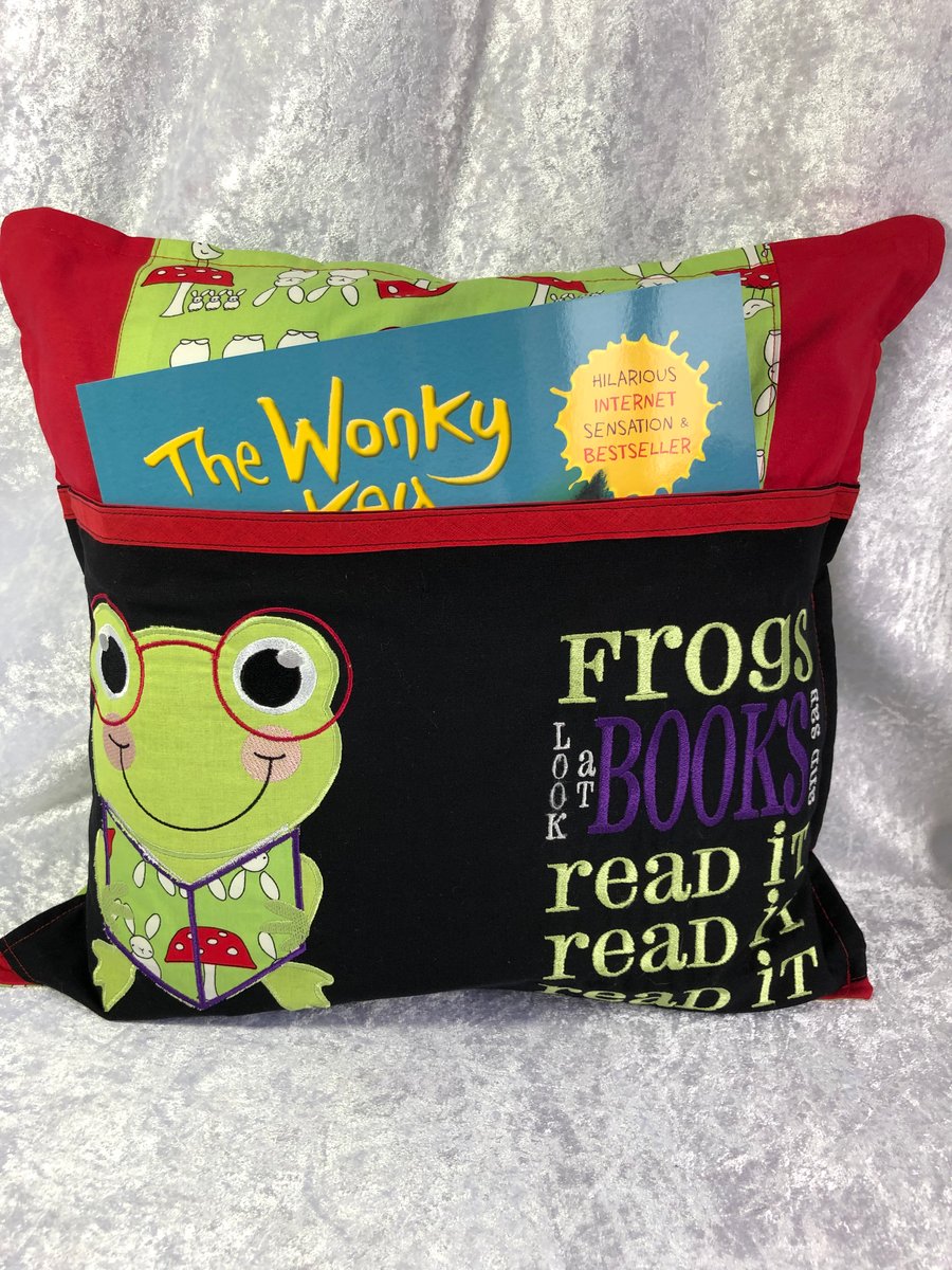 Frog Reading Book Cushion with front Pocket & FREE PERSONALISED BOOKMARK