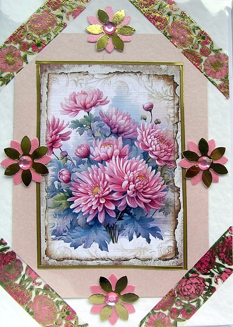 Chrysanthemum Flower Hand Crafted Decoupage Card - Blank for any Occasion (2705)
