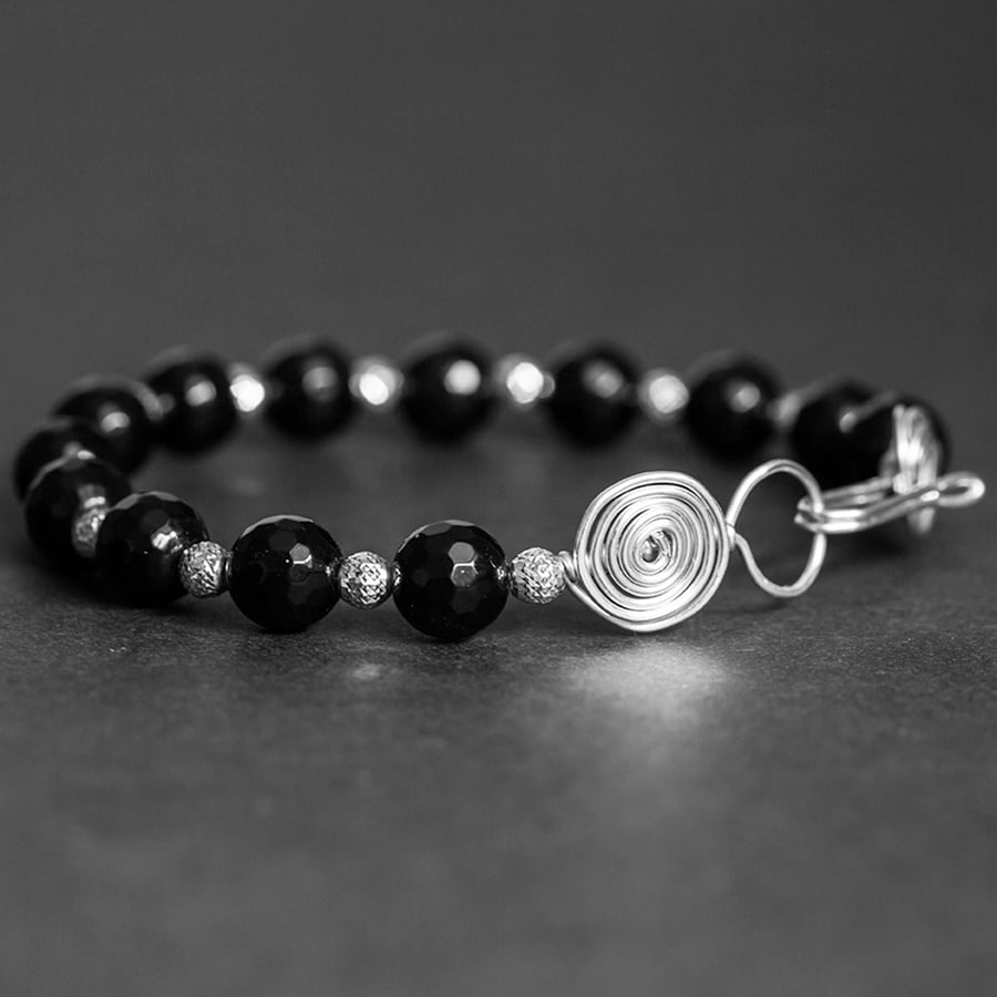 Faceted Black Onyx Silver Bangle