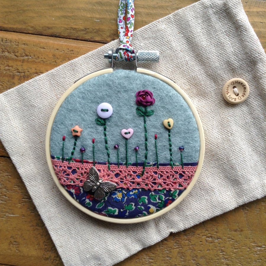 Liberty fabric felt button meadow embroidery hoop