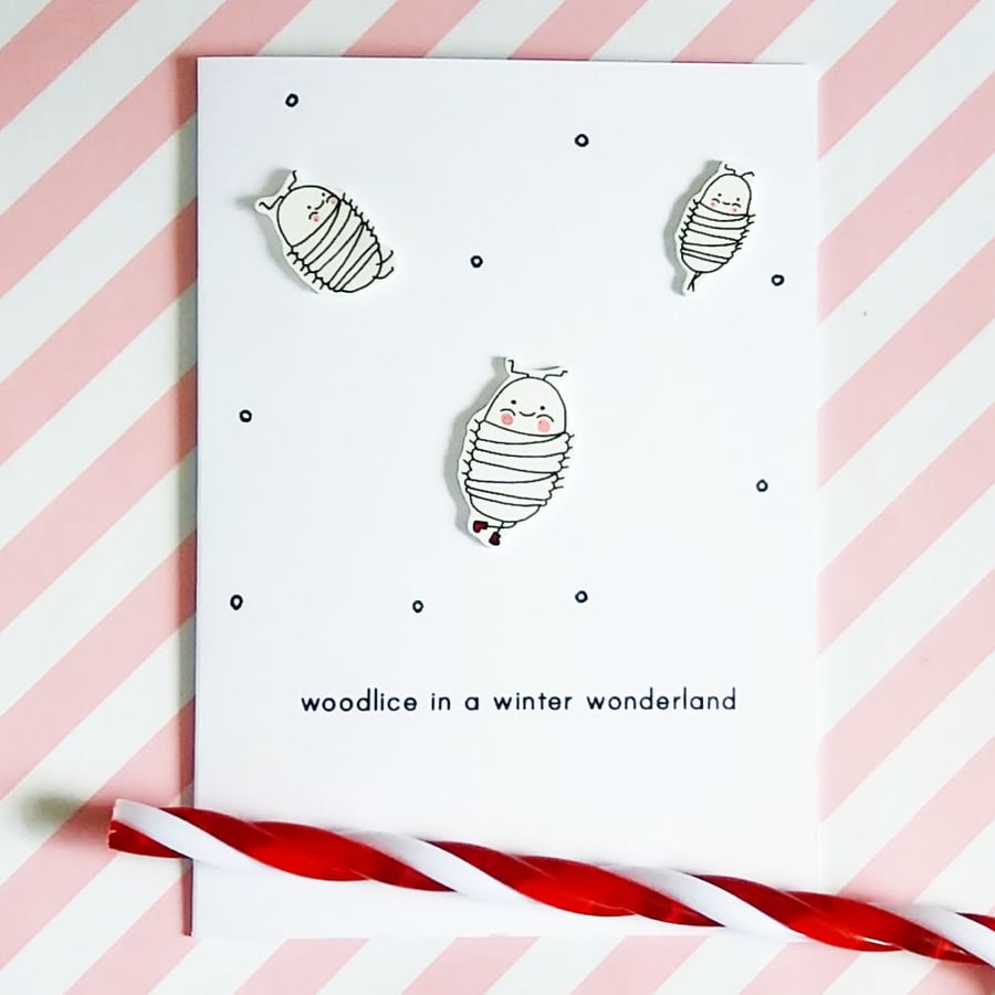 woodlice in a winter wonderland - handmade christmas card 